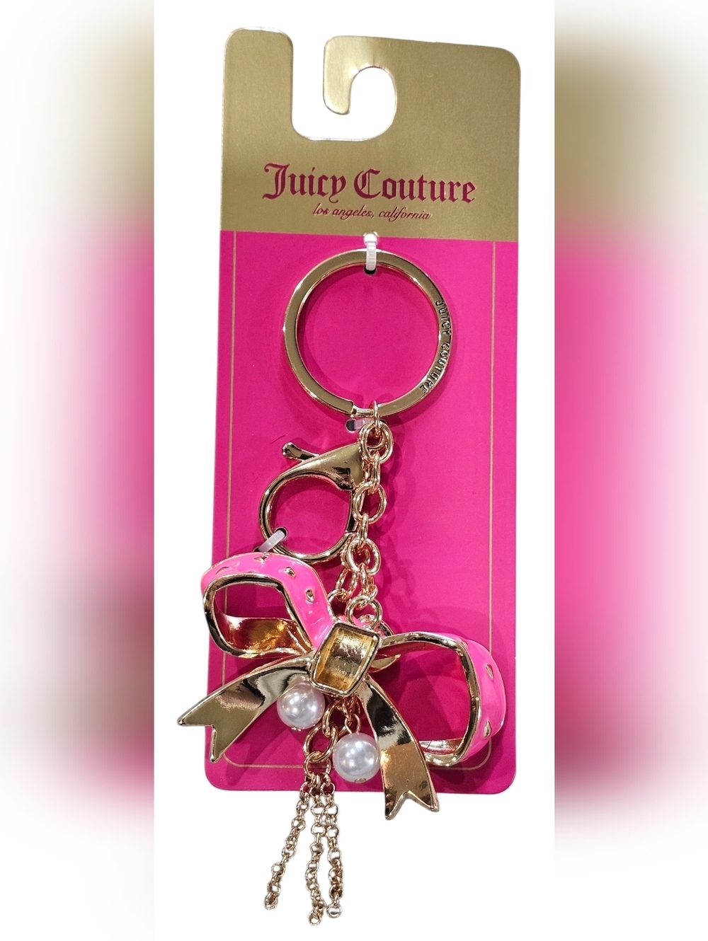 Juicy Couture Gold-tone Keyring with Pink Enamel Bow & Pearls, New - Picture 2 of 3